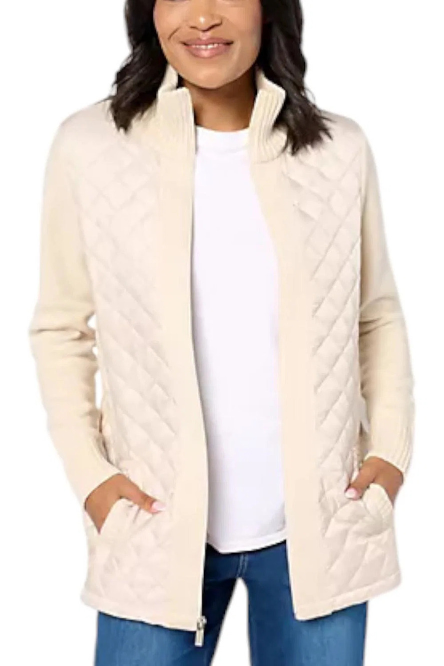 Denim & Co. Women's Quilted Woven-Front Sweater Jacket New Stone - Regular